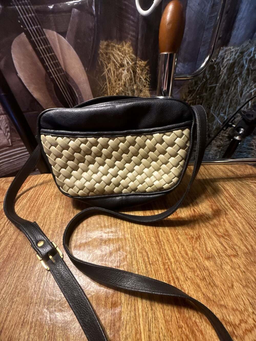 Toni Vintage Woven Genuine Leather Crossbody Bag Black and Cream